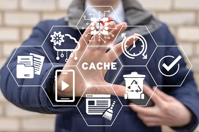Person touching cache and development icons graphic overlay