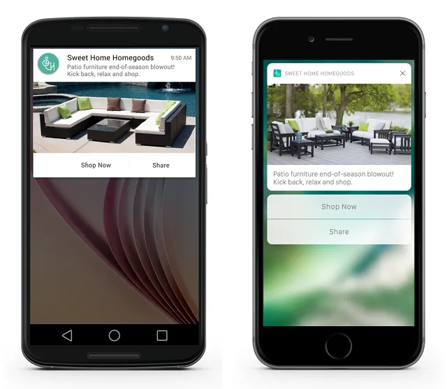 Mobile device screen mockups showing rich push notifications