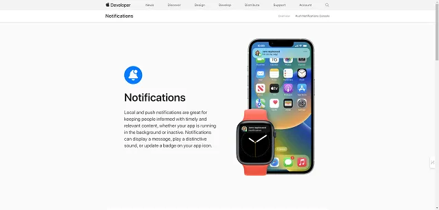 Screenshot of Apple Push Notification Services website information