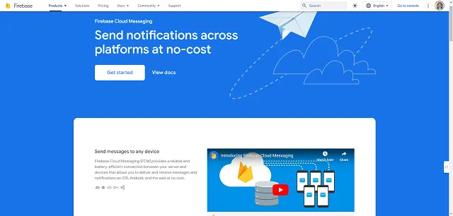 Google's Firebase Cloud Messaging website information screenshot