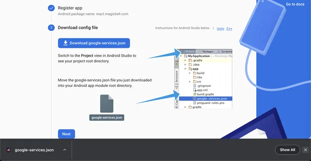 Screenshot of downloading the config file from Firebase