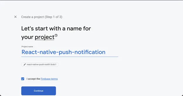 Screenshot of creating a project in Firebase