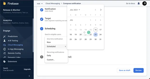 Screenshot of scheduling push notifications in Firebase