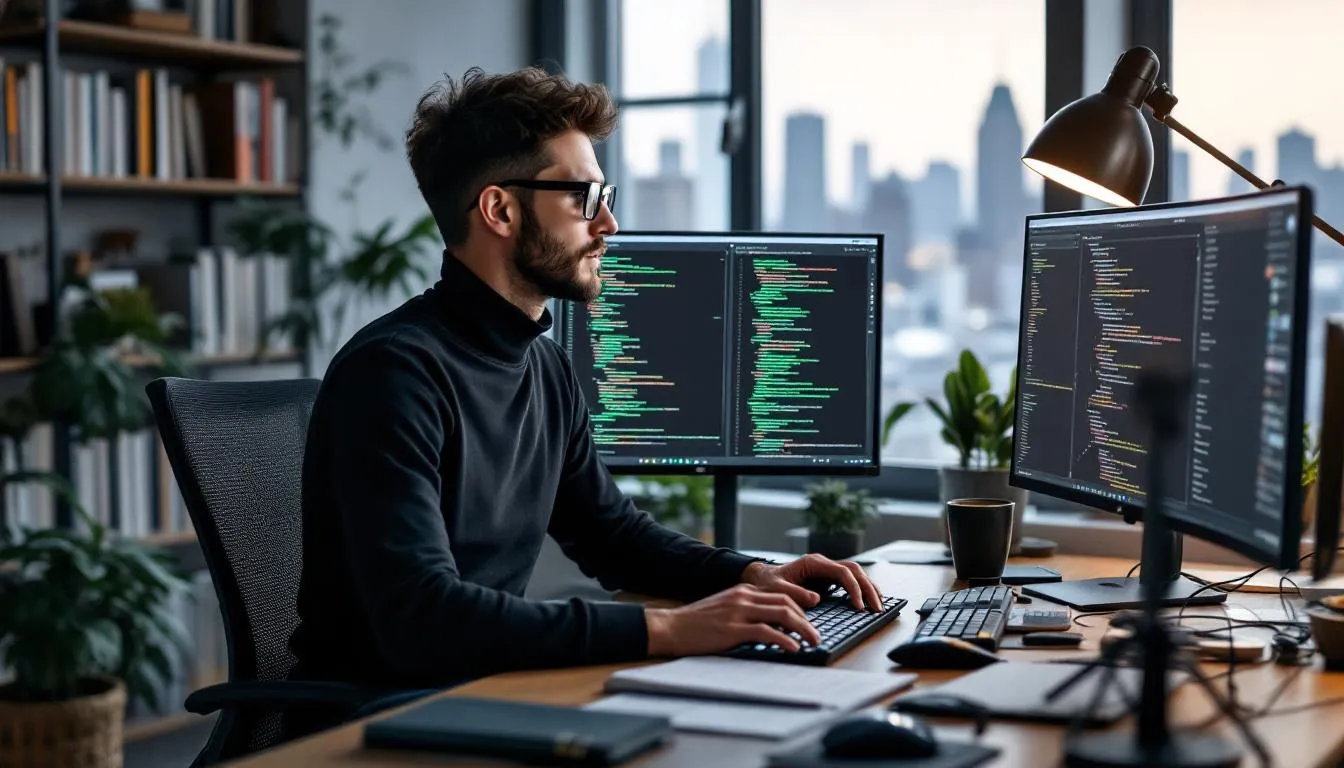 A developer is focused on their computer, surrounded by multiple open code windows, as they work on building a custom Slack app that utilizes the Slack API and various development tools. The workspace is filled with lines of code, indicating tasks such as writing code for event subscriptions and integrating features for the app's functionality.
