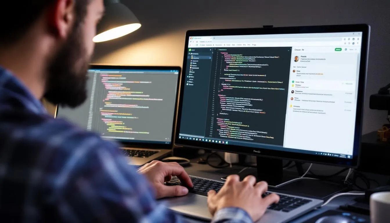 In the image, a developer is testing a custom Slack app, surrounded by multiple terminal windows displaying code and logs, while the Slack interface is open on the screen, highlighting the app's functionality and events subscriptions within a Slack workspace. The setup reflects a typical local development environment for building Slack apps, showcasing tools like a basic web server and event listeners.