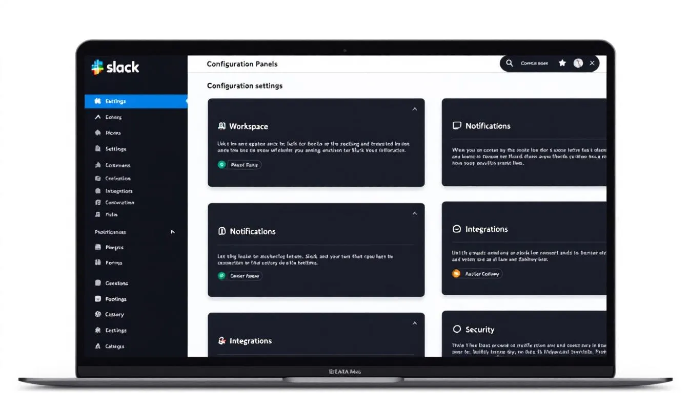 The image depicts a Slack configuration dashboard showcasing various settings panels, including options for managing event subscriptions, app functionality, and integration with external services. It illustrates the foundational setup needed for users to build Slack apps and customize their Slack workspace effectively.