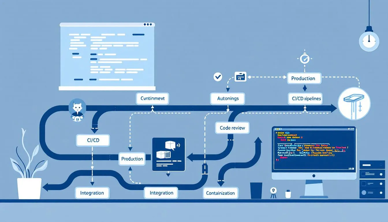 In this image, a deployment workflow is illustrated, showcasing the transition of code from development environments to production servers, emphasizing the importance of tools such as Slack apps and the Slack platform in facilitating this process. Various stages of the workflow are depicted, highlighting aspects like event subscriptions and the app's functionality within a Slack workspace.