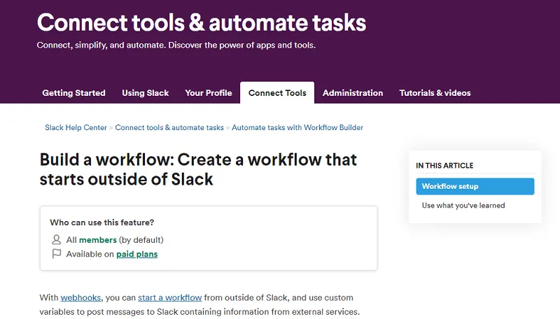 Slack screenshot: Building a workflow that starts outside of Slack