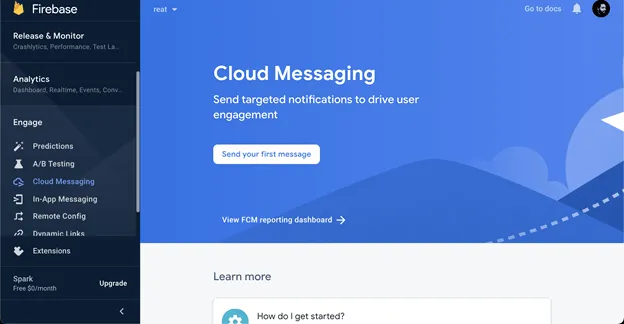 Screenshot of Cloud Messaging in Firebase