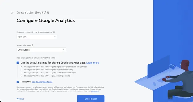 Screenshot of configuring Google Analytics in Firebase