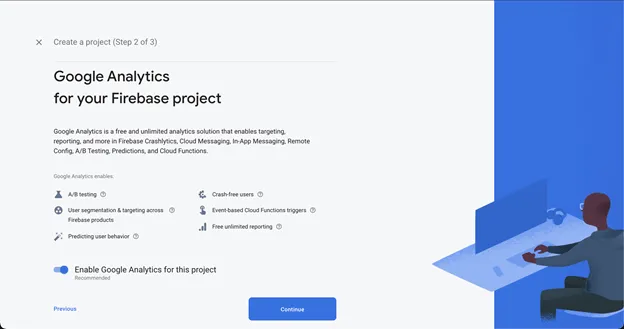 Screenshot of enabling Google Analytics in Firebase