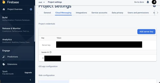 Screenshot of project settings in Firebase