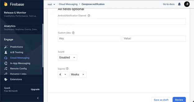 Screenshot of additional push notifications in Firebase