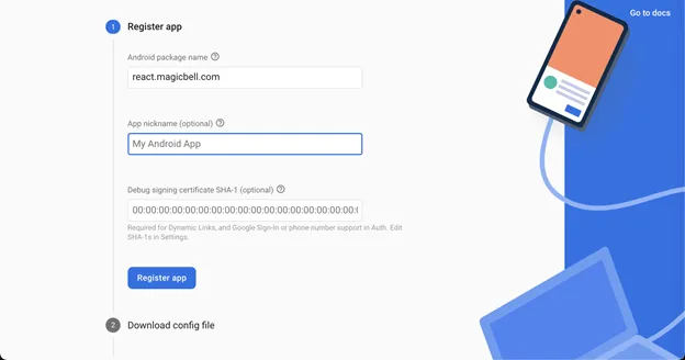 Screenshot of registering an app in Firebase