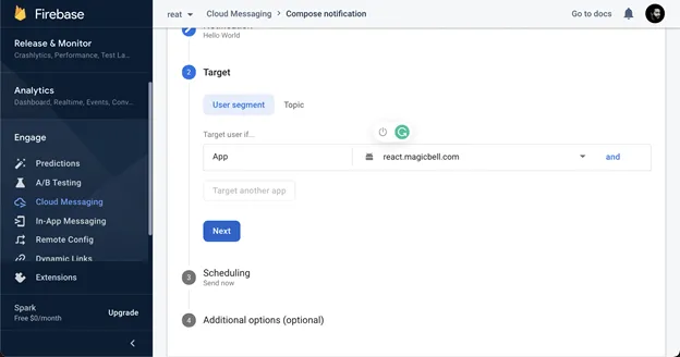 Screenshot of selecting targets for push notifications in Firebase