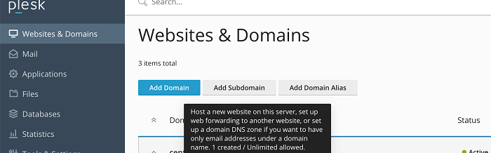 Adding the domain to Plesk