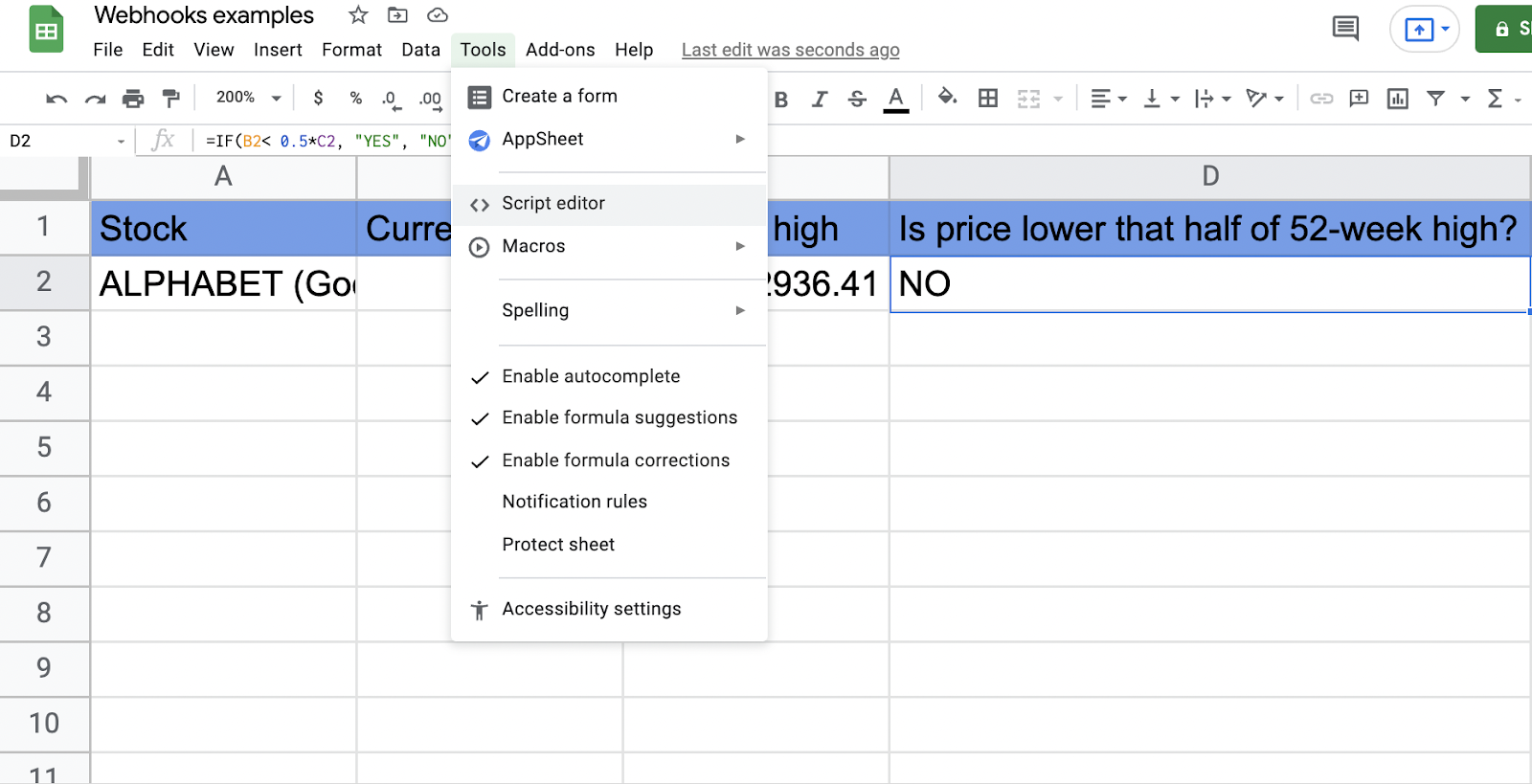 Google Sheet menu dropdown screenshot
