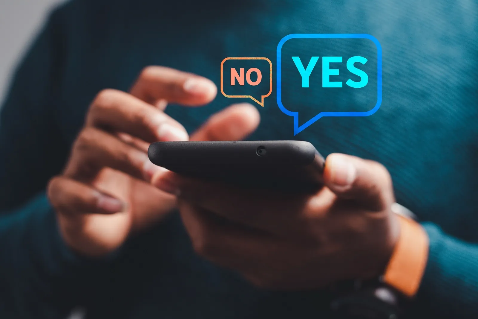 Person using a smartphone with "No" and "Yes" chat bubbles