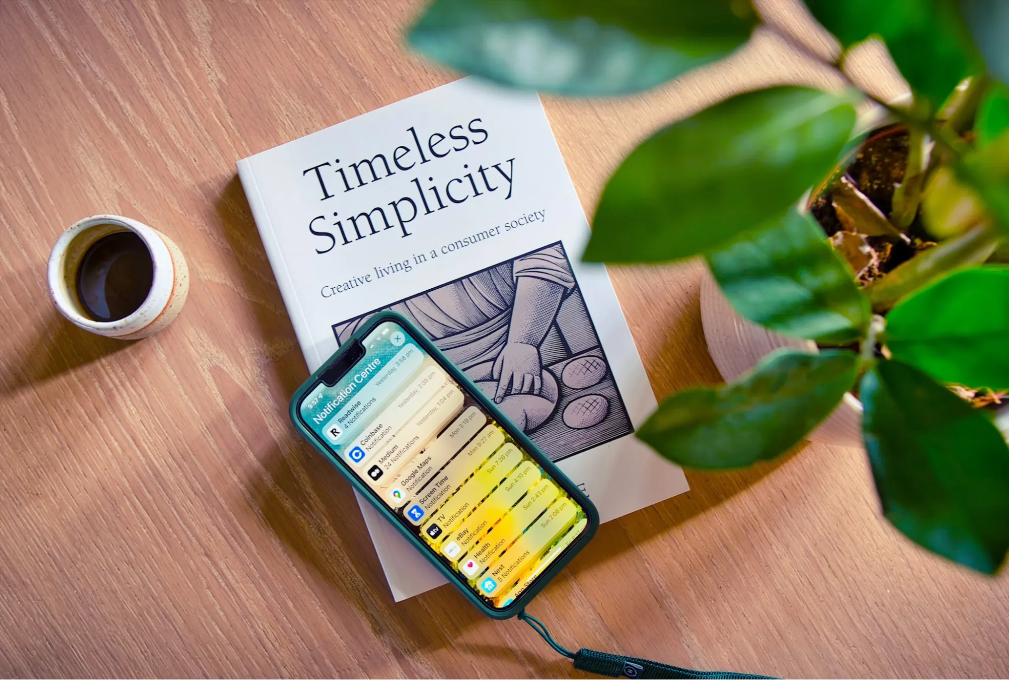 Smartphone screen on a book displaying push notifications