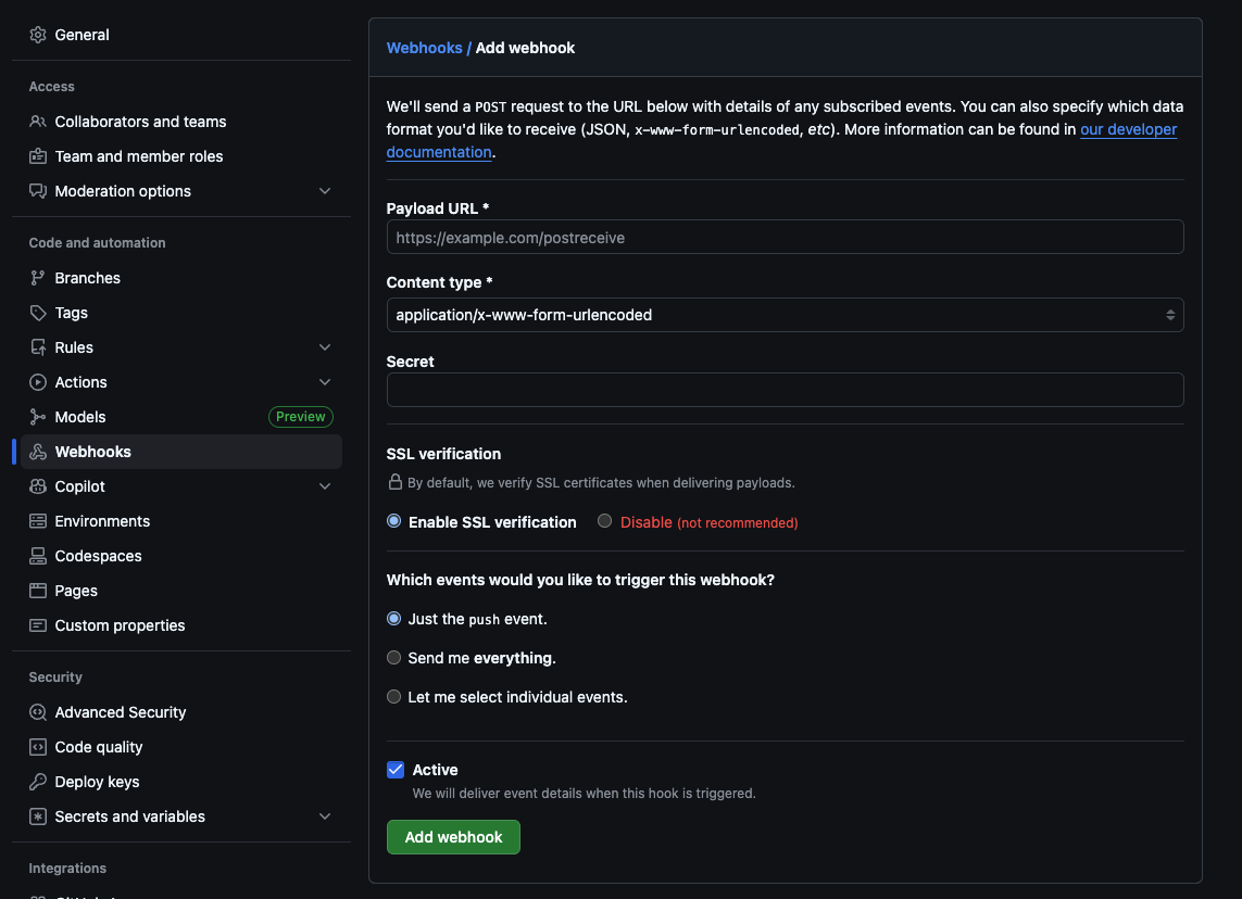 GitHub webhook configuration screen showing payload URL, content type, and event selection