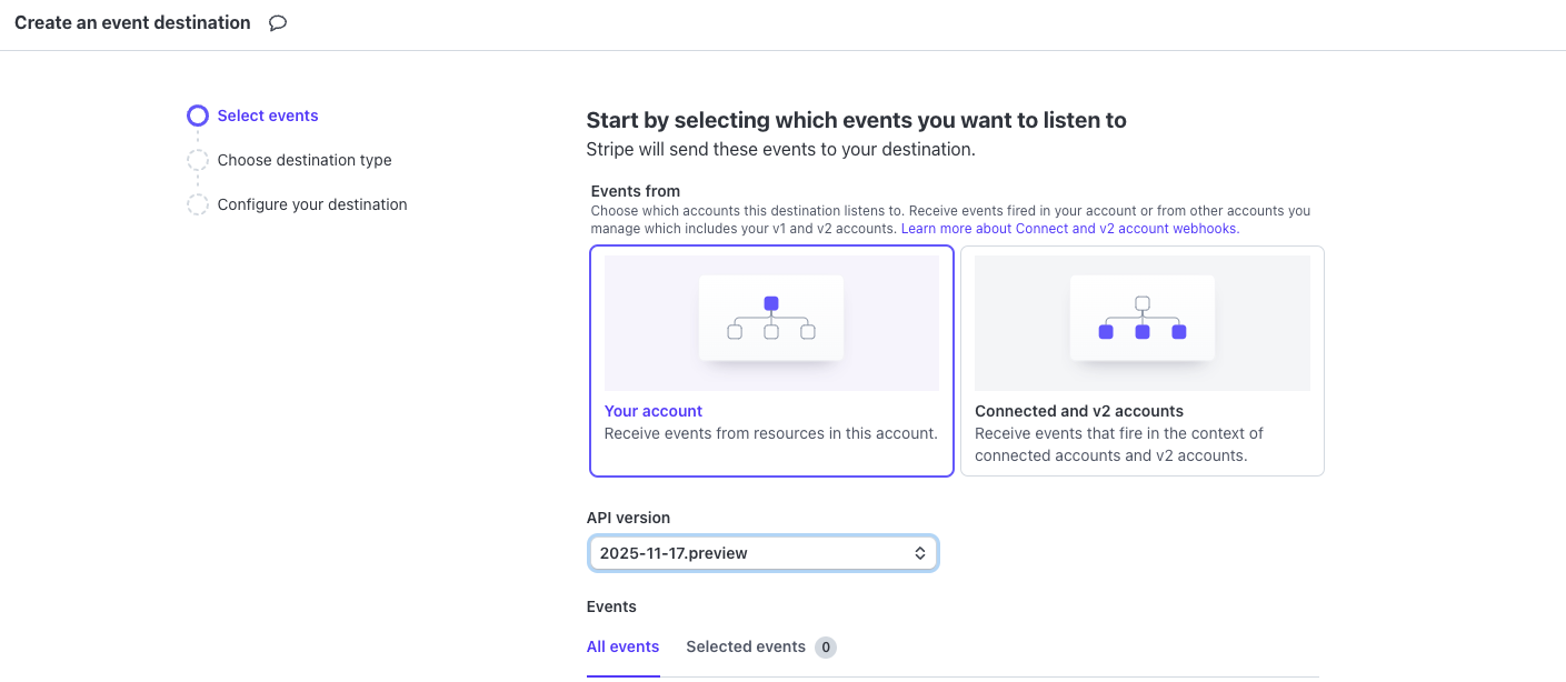 Stripe event destination configuration screen showing event selection and account options